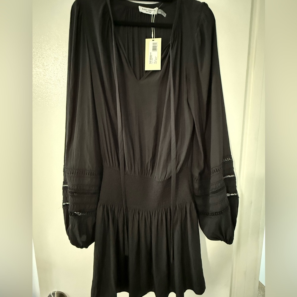 Ramy Brook Roses Black Long Sleeve V Neck Lace Insert Tunic Dress